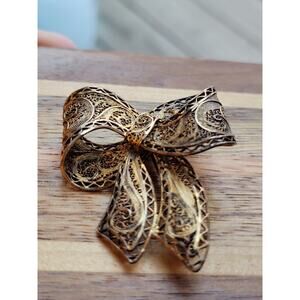 Vintage TOPAZIO PORTUGAL Sterling Silver Gold Vermeil BOW Pin Brooch Filligree